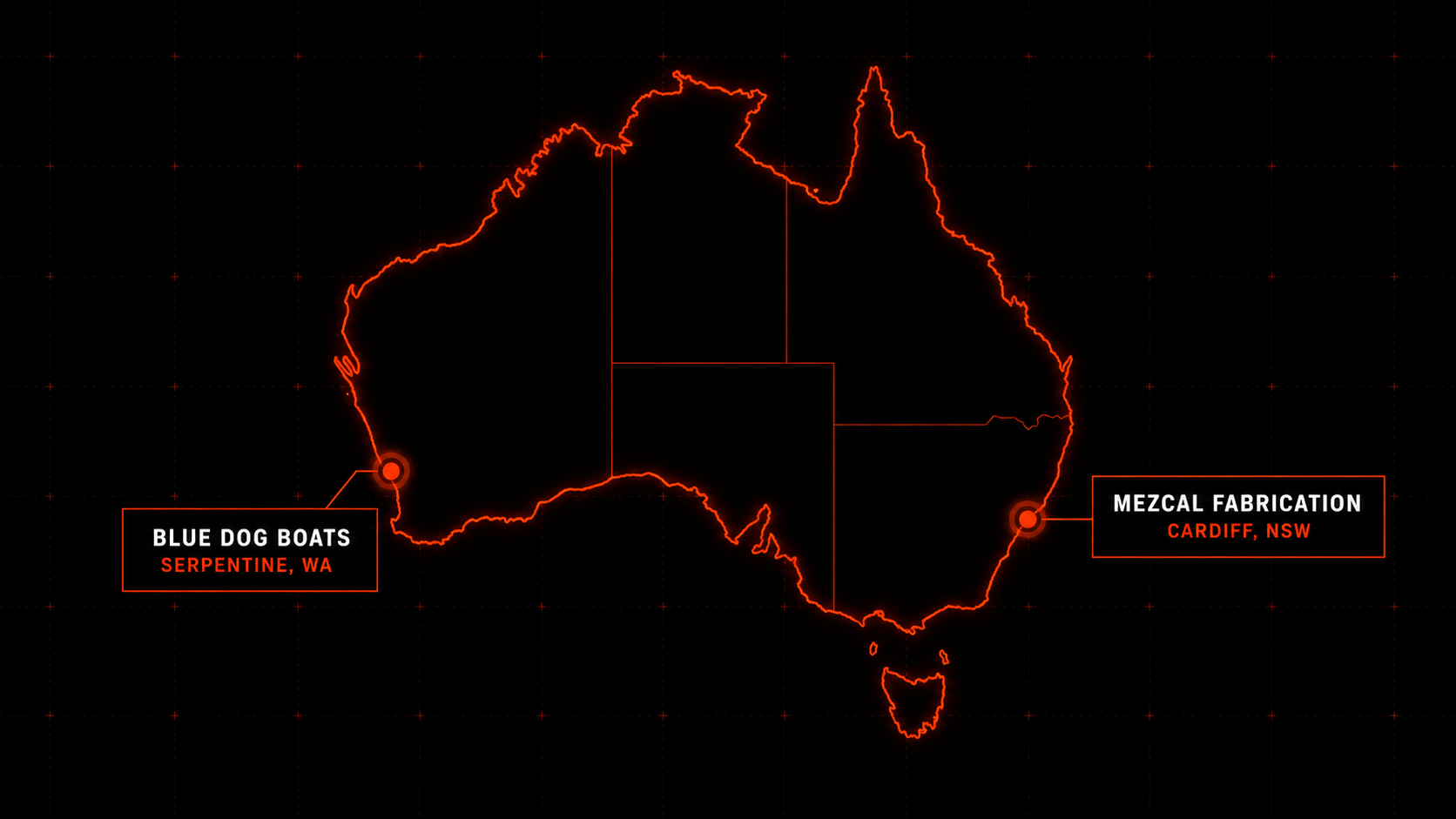 Map of Australia showing FAB CARTEL build partners: Blue Dog Boats in Serpentine WA and Mezcal Fabrication in Cardiff NSW